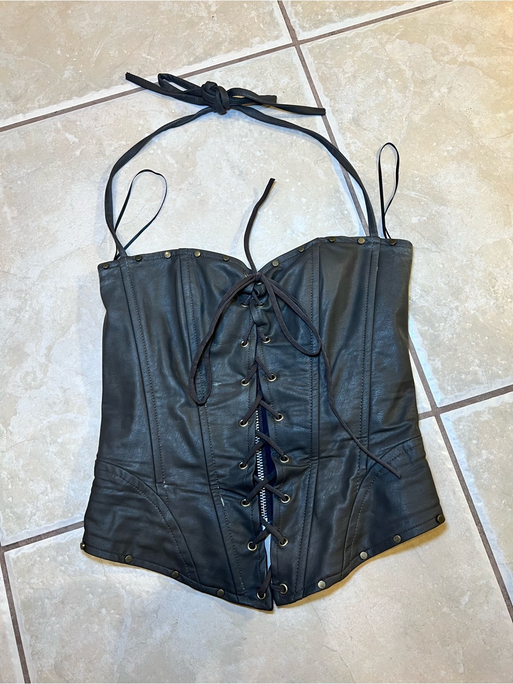 Edikted Brown Lace-Up Faux Leather Corset Crop Top